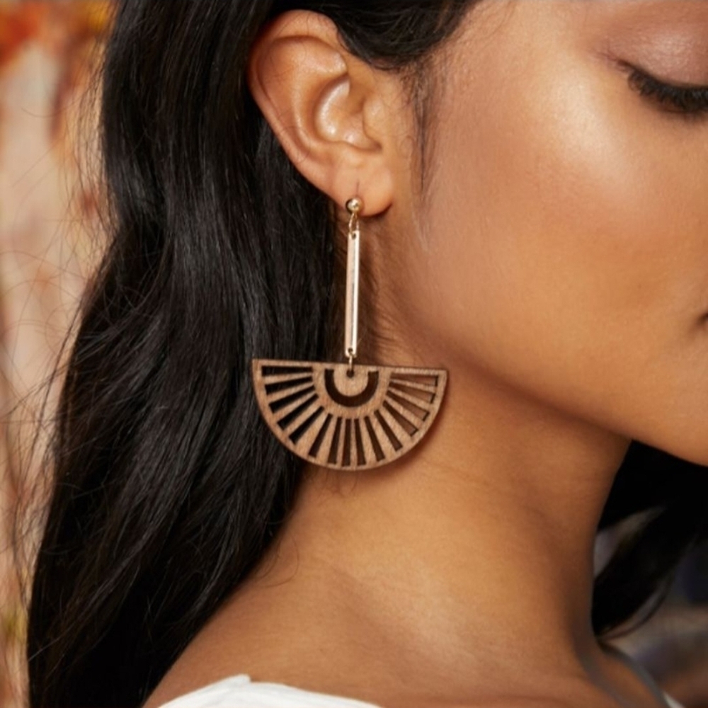 Wood Fan Earrings Boho Metal Bar Drops From Post Backing - Picture 5 of 10